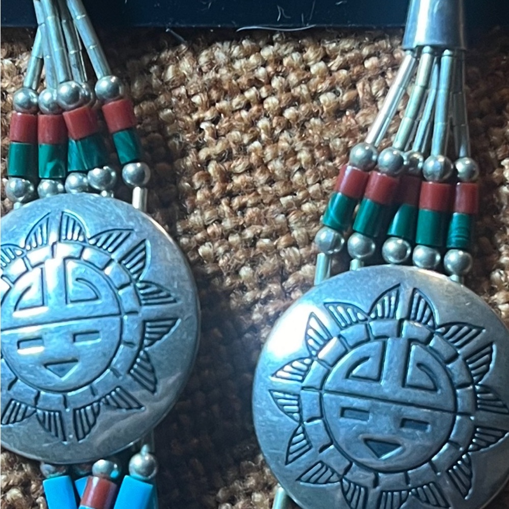 Vintage Southwest Style Sterling Silver & Multi-Stone Drop/Dangle Earrings